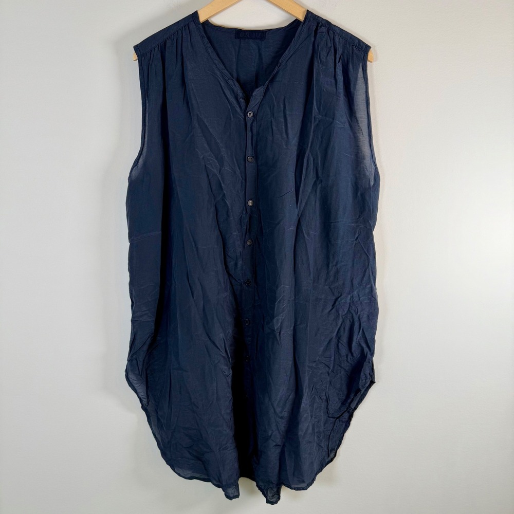CP Shades Sleeveless Button Up Down Tunic Large Navy Cotton Silk Lagenlook Sheer